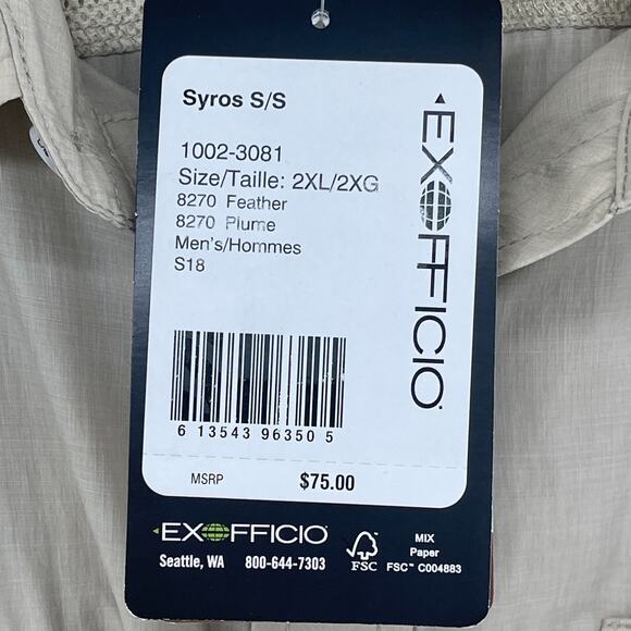 EXOFFICIO Shirt Mens 2XL Syros Short Sleeve Button Down Fishing Beige NEW - Picture 11 of 16